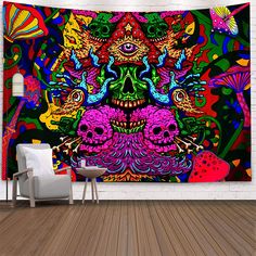 a colorful wall hanging in a room