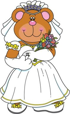 a teddy bear dressed up in a wedding dress and holding a bouquet with flowers on it