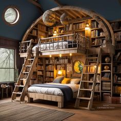 a bedroom with bookshelves, ladders and a bed in the middle of it