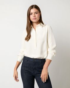 The Natalia is our latest take on a classic silk blouse with the feminine gathers from our tie-neck silhouette and a fit similar to the Icon through the body — the best of both worlds! It has a slightly shorter hem, so it can be worn tucked or untucked without looking sloppy. This one’s made up in our go-to silk crepe de chine that’s luxe and lightweight all at once. Transitional Cotton Silk Blouse, Elegant Fitted Slub Silk Blouse Piece, Timeless Silk Collared Blouse, Luxury Slub Silk Blouse Piece, Luxury Unstitched Slub Silk Blouse Piece, Clothing Catalog, Ivory Silk, Sweater Gift, Buckle Shoes