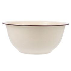 a white bowl with brown trim around the rim on a white background, it is empty