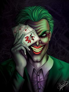 the joker holding playing cards in his hand with green hair and makeup on it's face