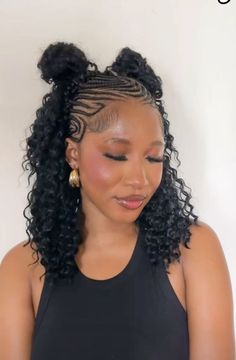 ♡♡ Cornrows And Curly Weave, Cute Black Protective Hairstyles, Black Girls Vacation Hairstyles, Half Braids Natural Hair, Cornrow Front And Sew In Back, Fulani Curly Braids, Stitch Braid Half Up Half Down, Cute Simple Cornrow Hairstyles, Crown Rows Braids