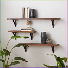 three wooden shelves with books and vases on them against a white wall next to a potted plant