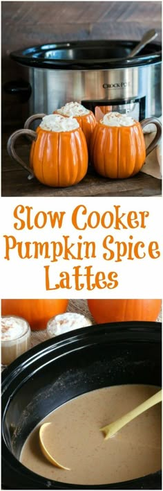 slow cooker pumpkin spice latte recipe in front of an instant pot with two small pumpkins on the side