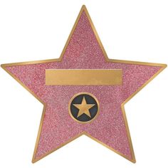 a pink star with a gold border and a plaque on the side that says,