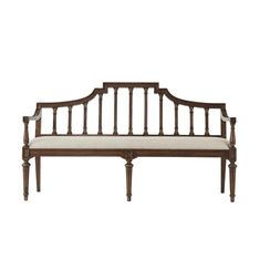 an old wooden bench with white cushions on it's back legs and arms, sitting in front of a white background