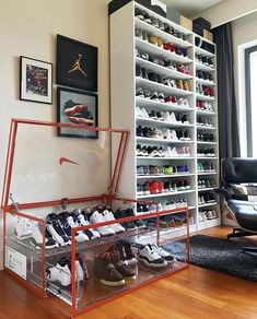 a shoe rack in the corner of a room filled with shoes