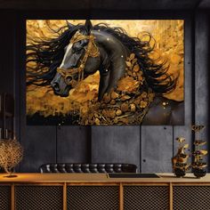 a painting of a horse with long hair on it's head in a room