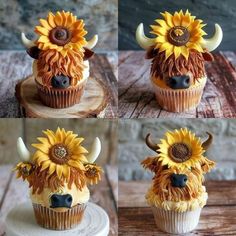 cupcakes decorated with sunflowers and bulls horns are shown in three different angles