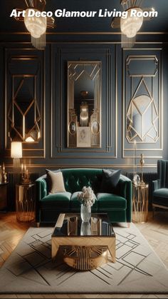 a living room with black walls, gold accents and green velvet couches is featured in the article art deco glamour living room