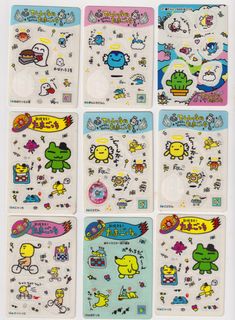 six stickers with cartoon characters on them in various colors and sizes, all depicting different things