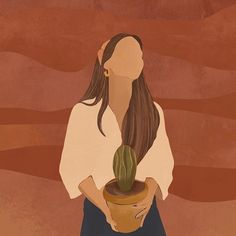 a painting of a woman holding a potted plant in front of a desert background