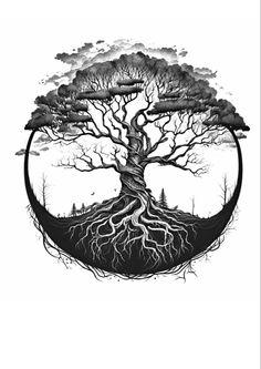 a black and white drawing of a tree with its roots in the shape of a circle