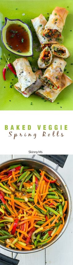 an advertisement for baked veggie spring rolls with vegetables and dipping sauce on the side