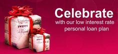 two presents with red bows and the words celebrate with our low interest rate personal loan plan