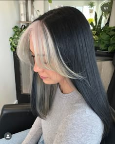 Black Hair With One White Streak, Black Hair With White Front Pieces, Black Hair With Platinum Front Pieces, Long Black Hair With White Streak, Silver Money Piece Hair, White Streaks In Front Of Hair, Black Hair Blonde Bangs, Black Hair Silver Highlights