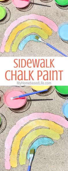 sidewalk chalk paint is being used to make rainbow - colored paper plates with the words sidewalk chalk painted on them