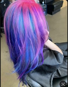 Purple With Pink Hair, Blue And Pink Hair Curly, Pretty Hair Dye Colors, Vivid Hair Color Short Bobs, Blue And Pink Hair Color, Pink And Blue Hair Dye Ideas, Pink Hair With Blue Streaks, Hot Pink And Blue Hair, Pink And Blue Hair Highlights