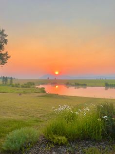 the sun is setting over a lake and grassy field