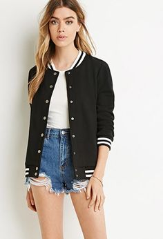 Varsity-Striped Bomber Jacket | Forever 21 - 2000154399 Varsity Jacket Outfit, Baseball Jacket Women, Fall Fashion Trends, Jacket Outfits, Fall Fashion, Varsity Jacket, Coats For Women, Casual Fashion, New Arrivals