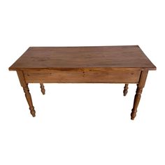 an old wooden table with turned legs and no one sitting at the top, on a white background