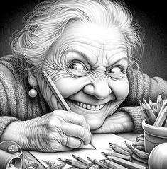 an old woman is smiling and holding a pencil