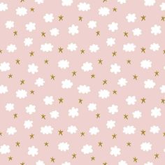 a pink background with gold stars and clouds