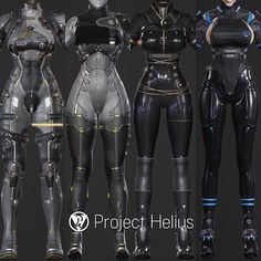 four different types of futuristic female body suits