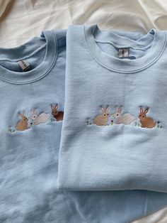 "Embroidered Bunnies Sweatshirt -Embroidered on a cotton/polyester blend crewneck sweatshirt, this design is simple and minimalistic, perfect for every outfit! -Embroidery design measures 4.5\" x 3\". -See product pictures for shirt sizing chart. **SWEATSHIRTS ARE IN UNISEX SIZING AND RUN TRUE TO SIZE. -All sweatshirts are handmade on an embroidery machine so there may be slight differences, but we only sell the sweatshirts that meet our high-quality standards. -To maintain the quality of your sweatshirt and the embroidery design make sure to wash with care. We recommend turning the item inside out and using a cold wash and delicate cycle. We highly recommend air drying when possible as well. -Please feel free to reach out with any additional questions, customization requests, etc. We will Sweat Shirt Embroidery Ideas, Embroidered Bunnies, Indian Silk Sarees, Cute Shirt Designs, 자수 디자인, Cute Sweatshirts, Causual Outfits, Embroidered Sweater, Simple Trendy Outfits