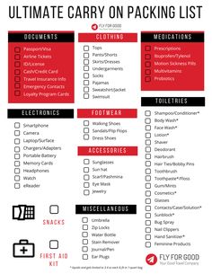 a red and black ultimate guide to packing list with instructions on how to pack for flight