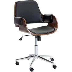 an office chair with black leather upholstered seat and chrome base, viewed from the front