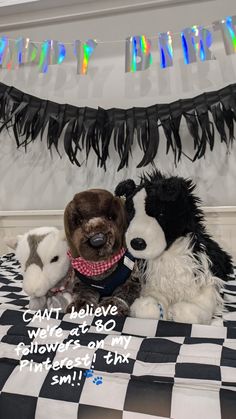 two stuffed animals sitting on top of a checkered table