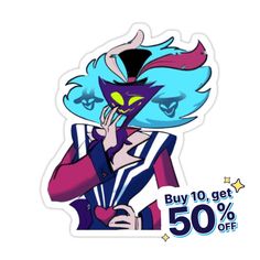 a sticker with an image of a woman in blue and purple hair, holding her hand to her face