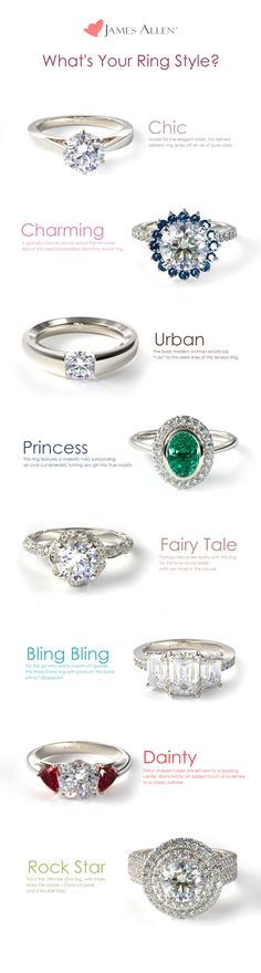 the different types of diamond rings on display in an advertment for jewelry stores