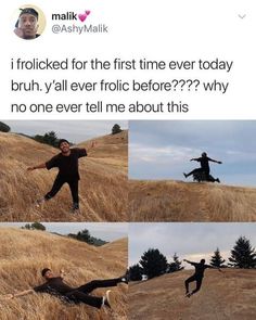 a man in black shirt and pants jumping on top of a dry grass covered hill