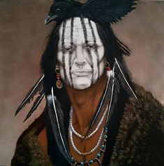 a painting of a native american man with feathers on his head