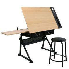 HomGarden adjustable drafting table provides a comfortable large workspace and keeps your supplies easily accessible. The durable powder-coated steel construction includes 4 rubber footpads for stability & floor protection.The MDF tabletop is adjustable up to 45 degrees and includes a 24" wide pencil ledge that can be positioned to keep pencils are markers from falling off the top while tilted. 2 spacious drawers keep your craft supplies close, additional hollow metal shelf allows you to place p Drawing Tables, Home Art Studios, Table Retractable, Bureau D'art, Architects Desk, Architect Logo, Drawing Desk, Art Studio Room, Architect Drawing