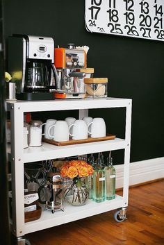 the coffee bar is organized and ready to serve