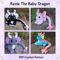 four crocheted dragon stuffed animals sitting on top of a rock with the words revie the baby dragon