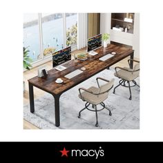 an image of a desk with chairs in front of it and the words macy's above it