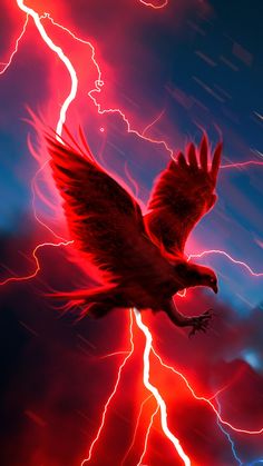 a bird flying through the air with lightning in the background