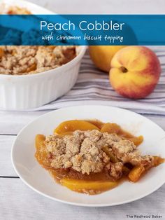 peach cobbler with cinnamon blast topping on a white plate