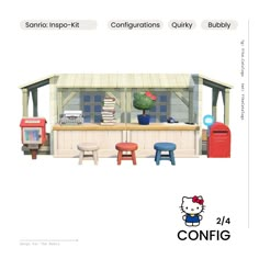 an image of a cartoon kitchen with hello kitty on it's counter and stools