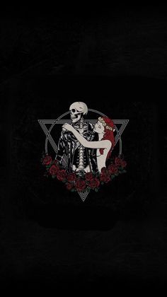 a skeleton hugging a woman with roses on the bottom and an inverted star in the middle