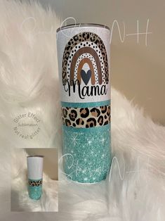 the tumbler cup is decorated with leopard print and has a name on it that says mama