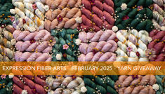 an art exhibit with yarns and flowers on the wall in front of it, which reads expression fiber arts february 2012 yarn giveaway