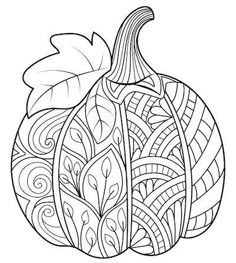 a black and white drawing of a pumpkin with swirly designs on the front, inside