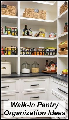 an organized pantry with white cabinets and black counter tops is featured in this postcard