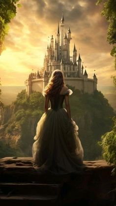 a woman in a dress sitting on steps looking at a castle